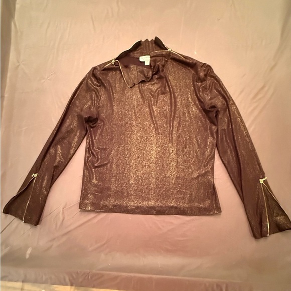 St John Brown/Gold Turtleneck Top w/ Zipper Detail Size Medium MSRP $425 - Picture 11 of 12